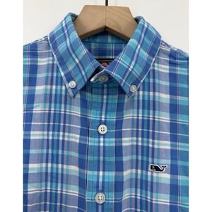 Vineyard Vines Shirt Boys Medium 12-14  Blue Pink Plaid Button Down Preppy